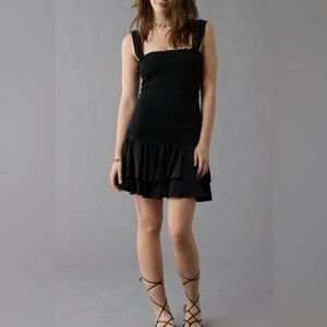 American Eagle Outfitters Black Smocked Ruffle Mini Dress